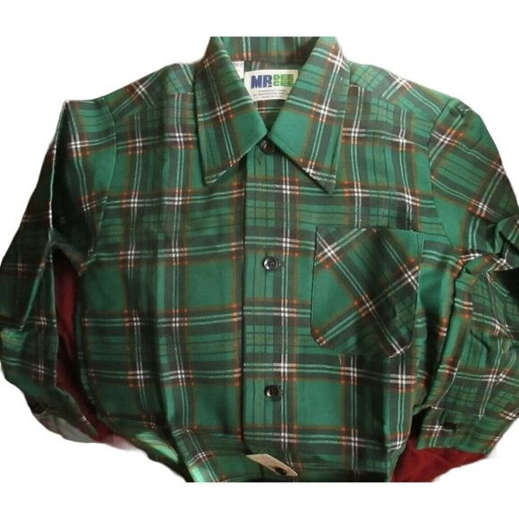 BOYS  7 Vintage 1970's DEE CEE FLANNEL GREEN HIPPY MOD SHIRT USA NEW NOS - Picture 4 of 8